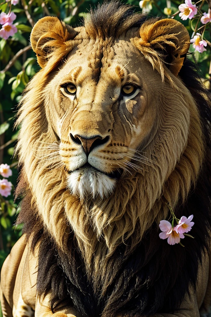 ((best quality)), ((masterpiece)),perfect face just the features of a lion with flowers