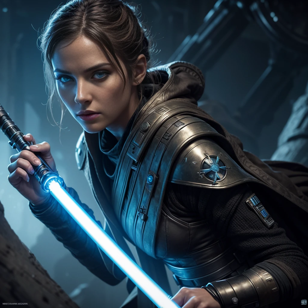 a female jedi in star wars, holding a glowing lightsaber, detailed face, beautiful eyes, long eyelashes, detailed intricate armor, sci-fi, epic, cinematic lighting, dramatic shadows, high contrast, vibrant colors, 8k, hyper detailed, masterpiece