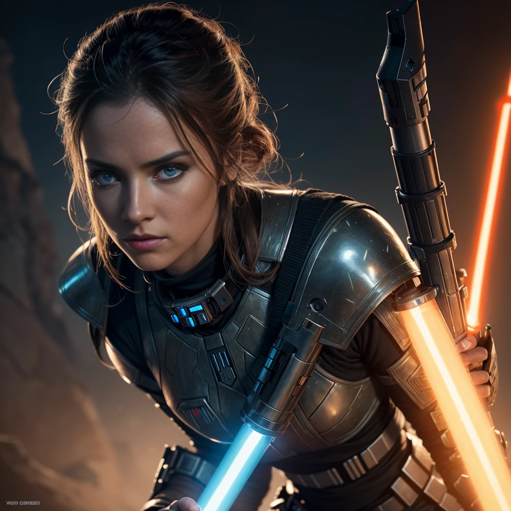 a female jedi in star wars, holding a glowing lightsaber, detailed face, beautiful eyes, long eyelashes, detailed intricate armor, sci-fi, epic, cinematic lighting, dramatic shadows, high contrast, vibrant colors, 8k, hyper detailed, masterpiece
