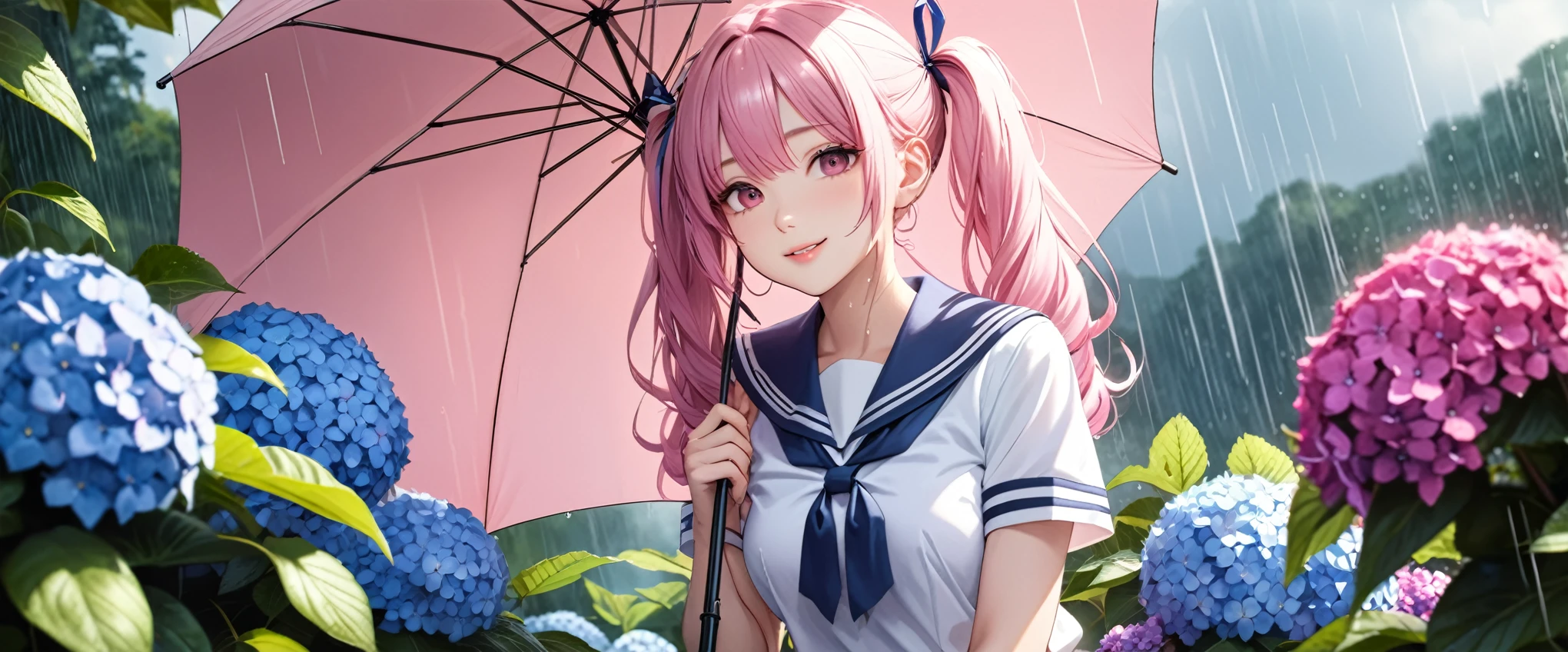 (8K, masutepiece, Best Quality, Official art, beautiful detailed, beautiful lighting, best masterpiece in history that exceeds limits), (1 Girl, Solo), (sixteen years old), (beautiful detailed face), (shiny white skin), (Beautiful big bust:1.3), (thighs), (beautiful detailed pink twin tails hair, Bangs:1.3), (beautiful detailed drooping pink eyes:1.5), (high school uniform:1.3), (patsel blue sailor collar, white short sleeves short length outing shirt, pastel blue pleated skirt, patsel blue ribbon:1.3), (happy smile:1.2), (Attractive, Look at the camera, cute pose), breathtaking scenery, (ultra detailed realistic Beautiful rain, rainy season, hydrangea, Holding an umbrella:1.2),