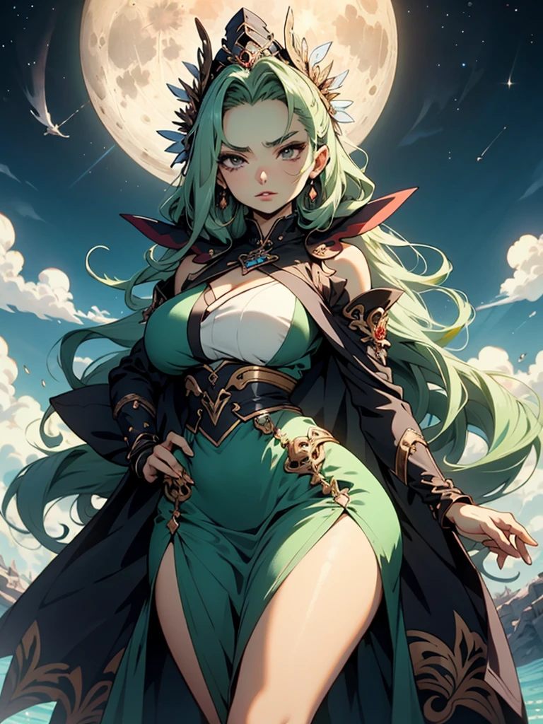 Beautiful anime goddess with long green hair, wearing a short dress, breasts, anime key look, moon, large breasts, intricate, hips, highly detailed, wide hips, breathtaking beauty, vibrant and sharp focus, illustration