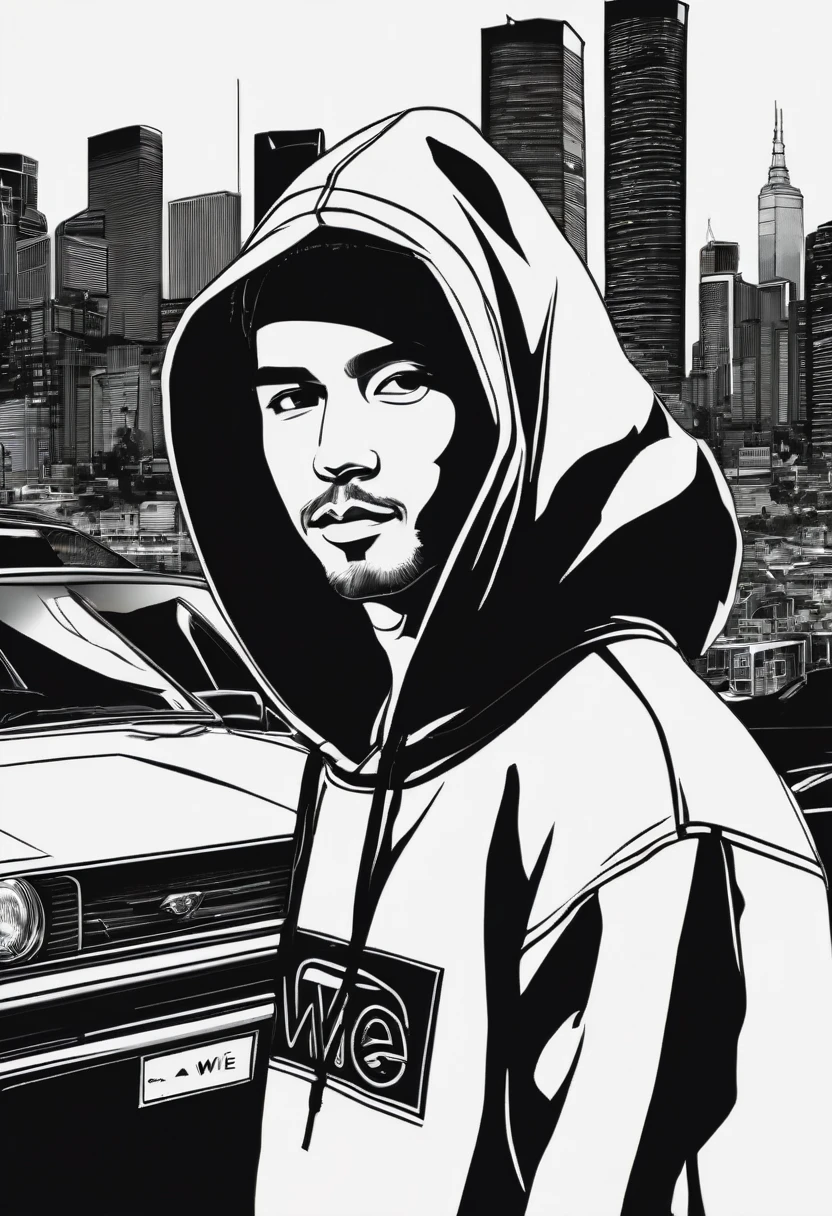 a man hemsem wear black hoodie white and pop up the name at t shirt "AWIE" blackground with car skyline