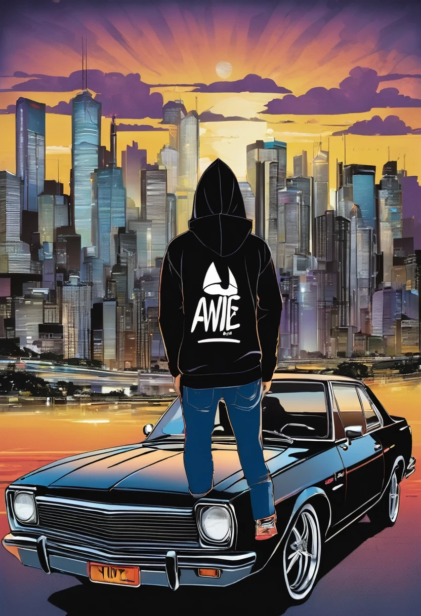a man hemsem wear black hoodie white and pop up the name at t shirt "AWIE" blackground with car skyline