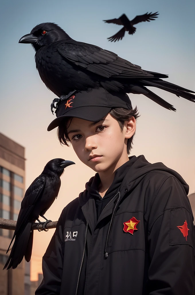 Create an image of a boy that in this image contains a crow that contains, complemented in the boy, the communist symbol of communism that has wars in the image with a shining crow with boy