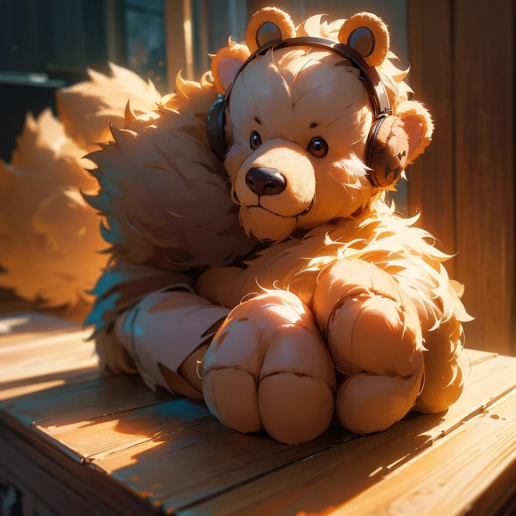 a teddy bear wearing headphones, detailed fur texture, adorable expression, sitting on a wooden table, soft lighting, warm colors, photorealistic, 8k, best quality, extremely detailed, realistic, (masterpiece:1.2), (photorealistic:1.37), studio lighting, vivid colors, plush, teddy bear, headphones, wooden table, warm lighting, cozy, cute, adorable, realistic, detailed, photorealistic
