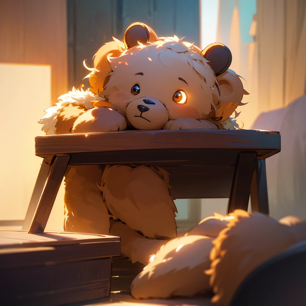 a teddy bear wearing headphones, detailed fur texture, adorable expression, sitting on a wooden table, soft lighting, warm colors, photorealistic, 8k, best quality, extremely detailed, realistic, (masterpiece:1.2), (photorealistic:1.37), studio lighting, vivid colors, plush, teddy bear, headphones, wooden table, warm lighting, cozy, cute, adorable, realistic, detailed, photorealistic