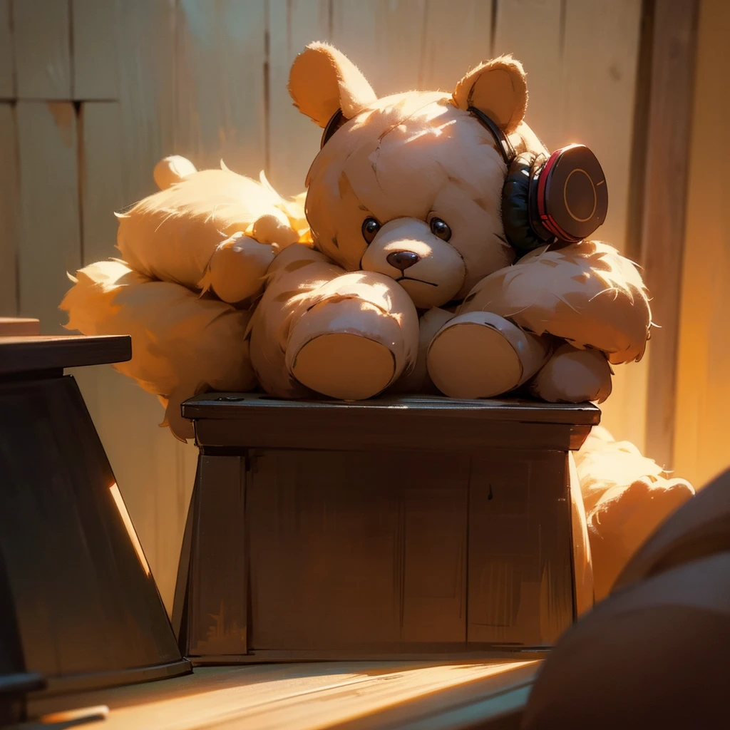 a teddy bear wearing headphones, detailed fur texture, adorable expression, sitting on a wooden table, soft lighting, warm colors, photorealistic, 8k, best quality, extremely detailed, realistic, (masterpiece:1.2), (photorealistic:1.37), studio lighting, vivid colors, plush, teddy bear, headphones, wooden table, warm lighting, cozy, cute, adorable, realistic, detailed, photorealistic
