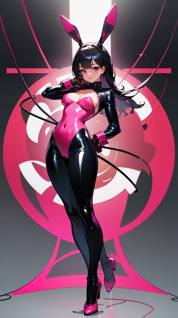 a woman in a black and pink outfit posing for a picture, full body playboy set, wrapped in leather straps, wearing leather bikini, leather body suit, leather bunny costume bodysuit, chrome bodysuit, shiny plastic bikini, cables on her body, rubbery-looking body, rubbery - looking body, bodysuit, skintight black bodysuit, metal bikini