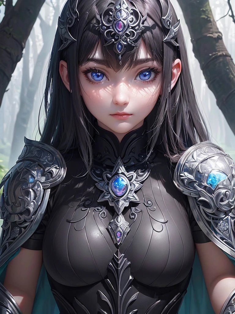 a sserafimsakura, perfect eyes, (ultra realistic:1.5), (standing in forest:1.2), (close-up photo:1.5), (black paladin armor:1.2), (intricate:1.2), (looking at camera:1.2), (best quality:1.2),