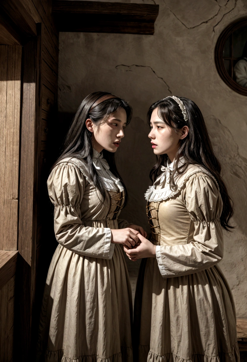 two women talking in a jesus time style house, in period costumes.