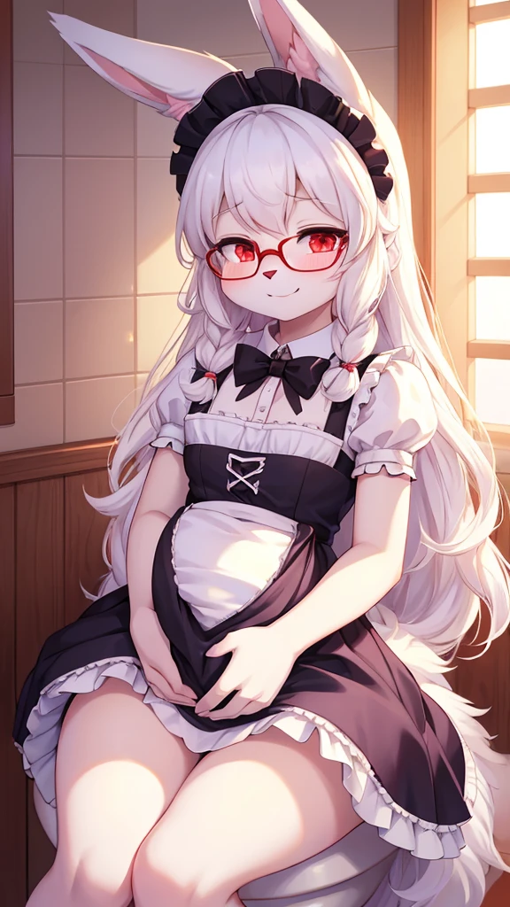 best quality,Optimal resolution,(Fluffy anthropomorphic furry :1.6),(young :1.6),White Rabbit Girl,Small Breasts,White hair,Long hair,curls,Curly hair,White rabbit ears,White rabbit tail,White fur,Red Eyes,Sparkling eyes,Shining eyes,Glasses,Bow,maid outfit,Maid headdress,Maid gloves,Beautiful cafe toilet,White light,Looking at the audience,Full flush,s face,Smile,heart shape eye,Heart shaped eyes,Horny eyes,Close your eyes,Heavy breathing,Sitting on the toilet,Purple face,Holding the stomach,