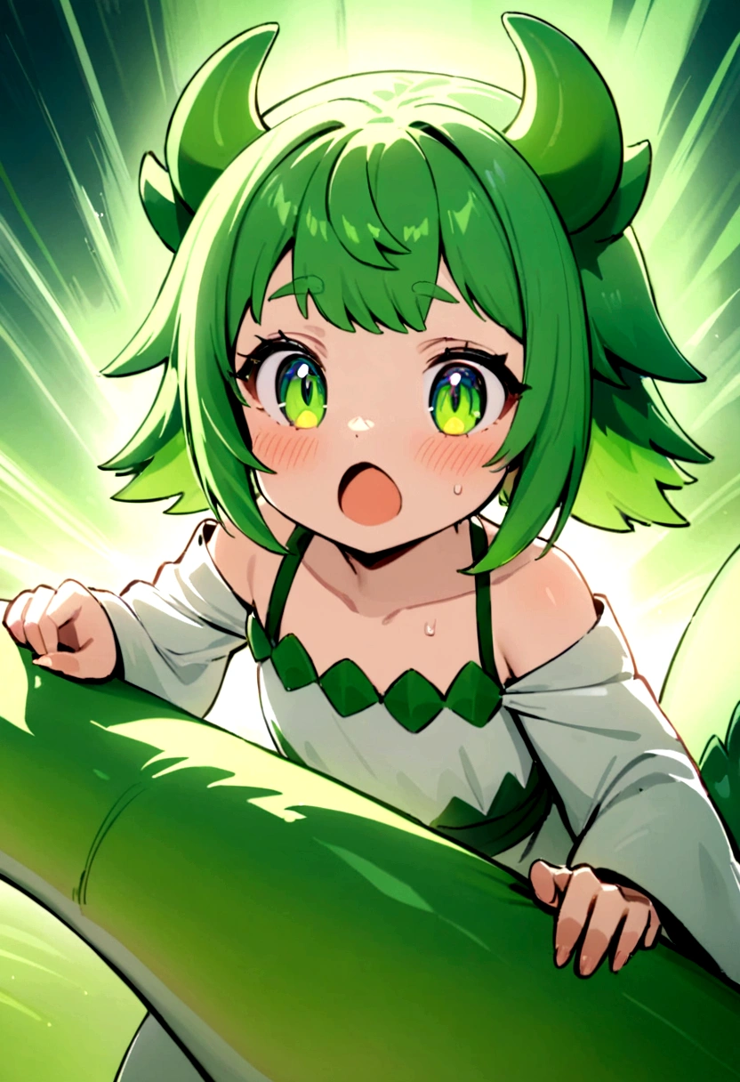 dinosaur girl, dinosaur chan, girl green hair with horns and tail, blushed, Super cute, dinosaur chan, dinosaur-looking girl, half human half dinosaur girl