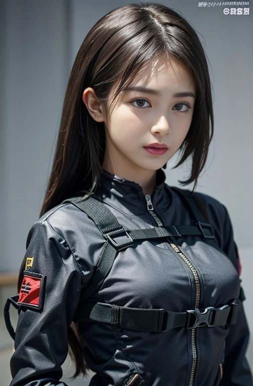 Best image quality, Great details, Ultra-high resolution, (realism: 1.4), ((close:0.75)), A very condensed woman, Beautiful and delicate facial features, Perfect proportions, Target your audience, ((Target your audience)), (thin:0.3, Large breasts), (Fabric color base ratio black:0.4 White:0.5. Other colors:0.1), (Wear a rash guard、She likes floral uniforms., Black and grey mech, Wearing a high-tech nylon military suit,oh、 Military Harness, Has a machine gun, ), captain, Background Simple gray wall,