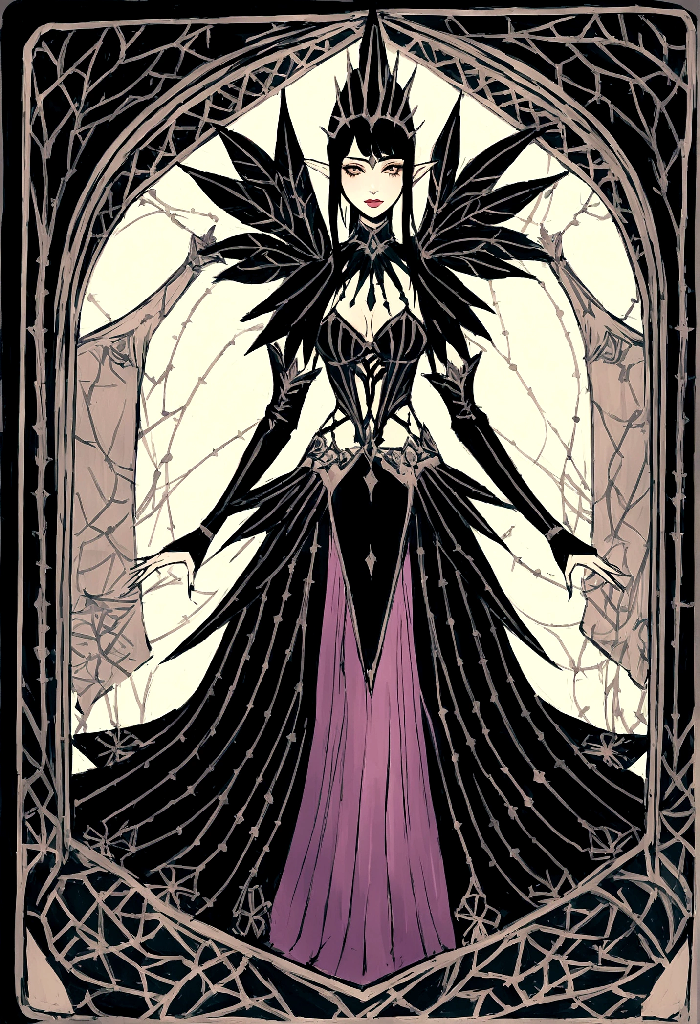 Danahamm symmetrical tarot card concept art on a (very provocative)+ outfit like the elf queen, Tema Lovecraft Loucura, by Lee Bursten, Tarô512, 8K, high détail, intricate