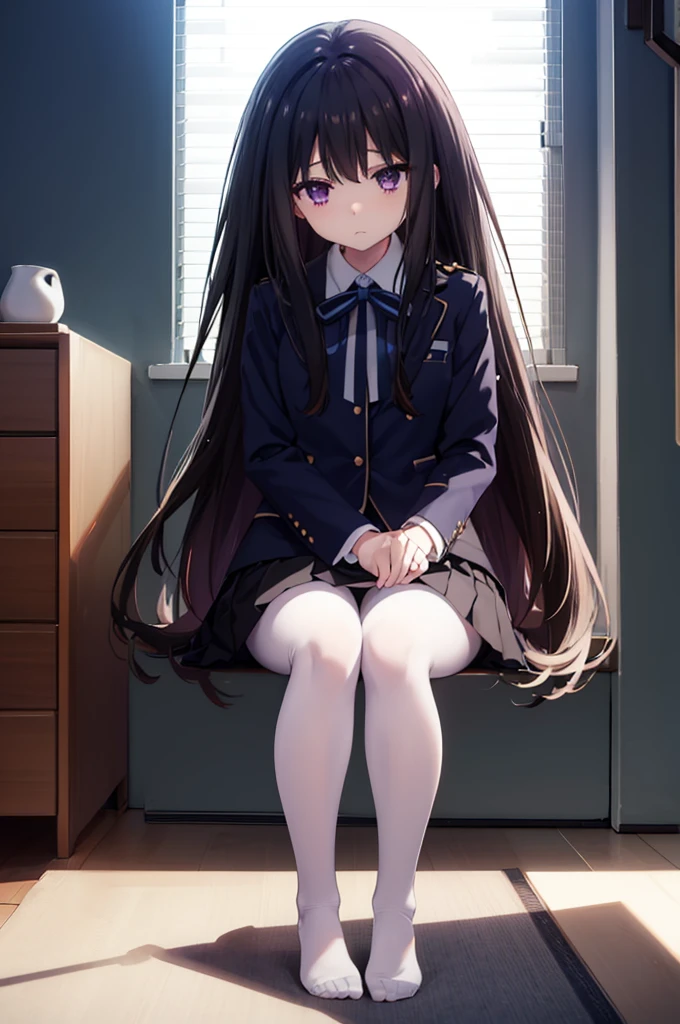 、black髪、Semi-long hair、Pale purple eyes、Head to toe full body、Blushing、Embarrassed look、Composition from the front、A view from slightly below、Sit facing forward、No shoe-shaped legs、squat、Spread your legs in an M shape、Grab my leg、、、blazer、White blouse、Navy blue ribbon、Short pleated skirt、White panties、black pantyhose、(black_pantyhose):1.2)、White panties are visible、bedroom、Inside the room、Daytime、Panty shot、Staring at the audience、Thin legs、Thin thighs、Slim toe