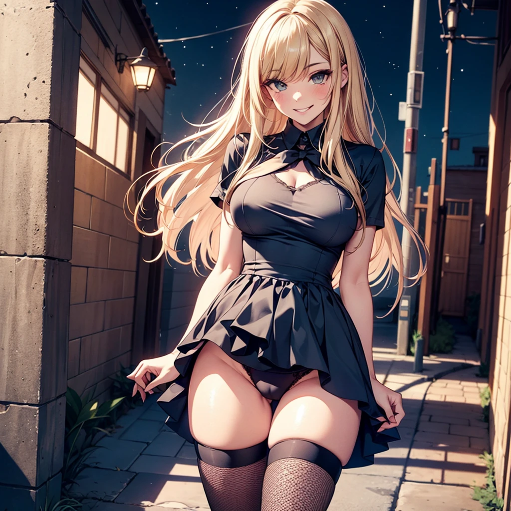 ((masterpiece,best quality)), ((((solo)))), alone, highres, extremely detailed 8K wallpaper, depth_of_field, cowboy shot, solo, 1girl, long hair, (blonde color hair), green eyes, bow, big breasts, wide hips, thights, empty alley, wall, purple dress, baggy eyes, dark blonde hair, pervert smile, shadows under her eyes, baggy eyes, stars, heels, fishnet tights, prostitute, night, dark, undressing panties, crossed arms,