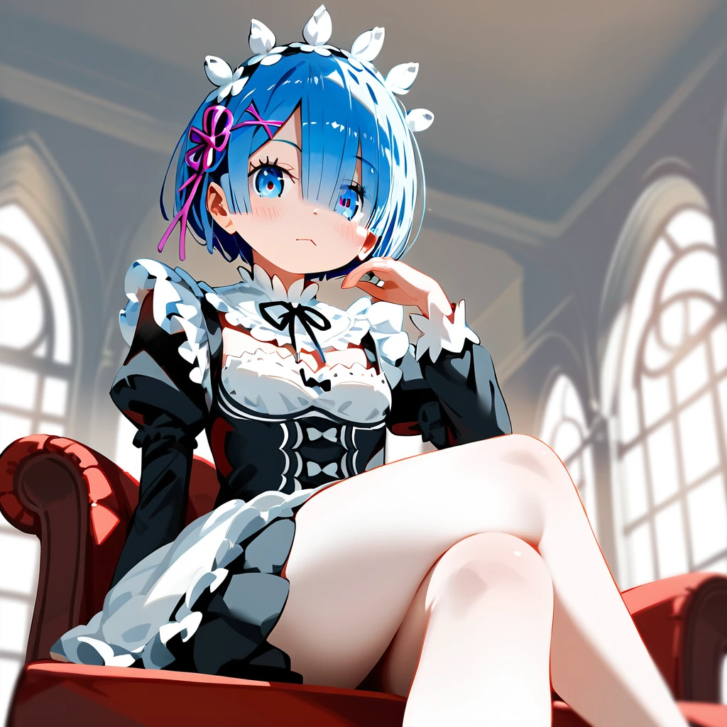 score_9, score_8_up, score_7_up, rem_\(re:zero\)
blue_eyes,hair_over_one_eye,short_hair,blue_hair,hair_ribbon,roswaal_mansion_maid_uniform, 1girl, solo, sitting, crossed legs, from below
Masterpiece, best quality, detailed eyes, perfect face, award winning, hyper-realistic