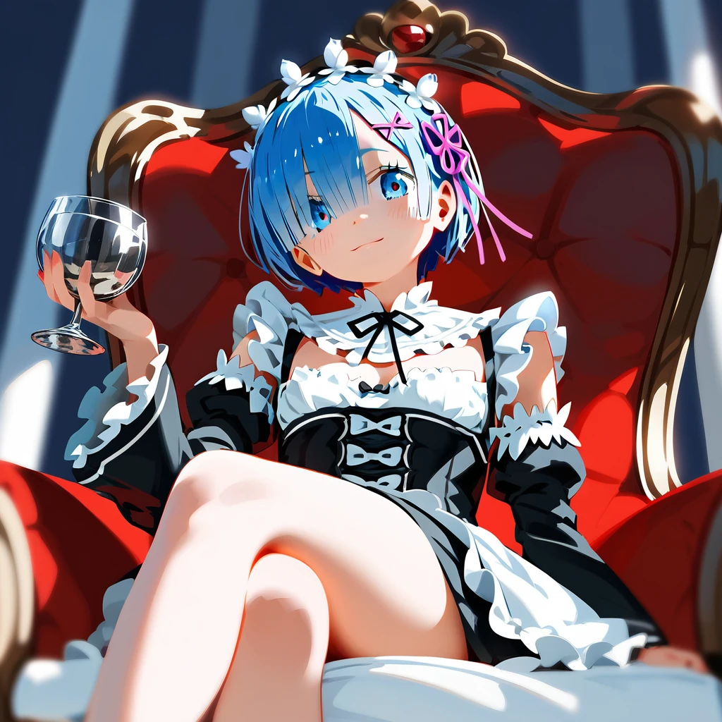 score_9, score_8_up, score_7_up, rem_\(re:zero\)
blue_eyes,hair_over_one_eye,short_hair,blue_hair,hair_ribbon,roswaal_mansion_maid_uniform, 1girl, solo, sitting, crossed legs, from below
Masterpiece, best quality, detailed eyes, perfect face, award winning, hyper-realistic