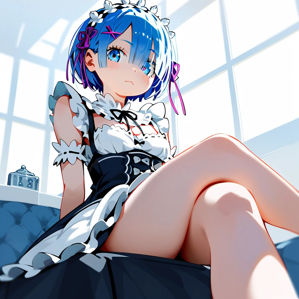 score_9, score_8_up, score_7_up, rem_\(re:zero\)
blue_eyes,hair_over_one_eye,short_hair,blue_hair,hair_ribbon,roswaal_mansion_maid_uniform, 1girl, solo, sitting, crossed legs, from below
Masterpiece, best quality, detailed eyes, perfect face, award winning, hyper-realistic