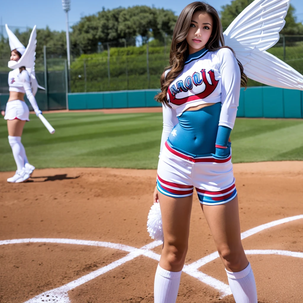 Arabian woman in cheerleader outfit standing in front of baseball field, Large Breasts,Tron Angel, Angel themed, TWICE's Tzuyu, wide angel shot, As seen in ArtGerm, Ilya Kuvshinov and Artgerm, Young One Angel, Beautiful angle, 8k art germany bokeh, Wearing an angel halo, Lovely lady