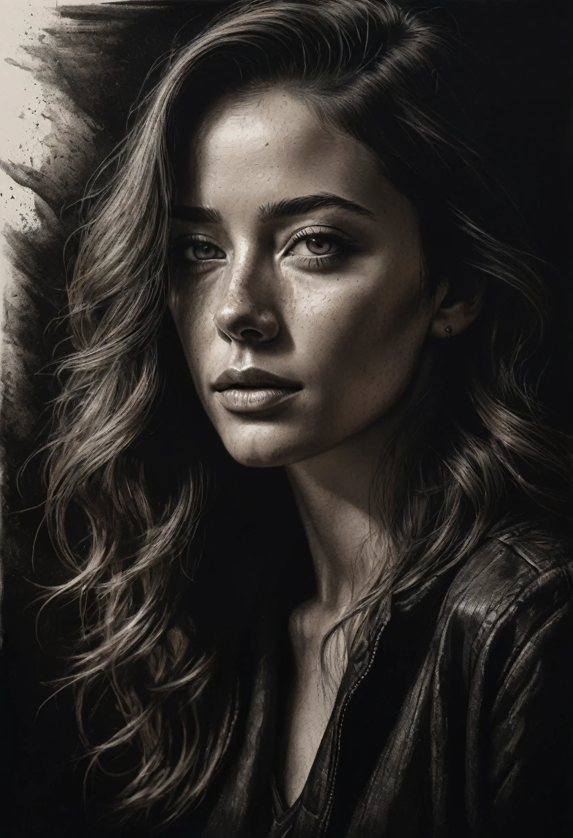 best qualityer, hyper realistic, ultra detali,realistic sketch:1.5,coal,portraite,paper texture,detailed facial features, freckles on the face, Shading and Highlights,dynamic composition,expressive traits,sharp contrast,highlights and shadows,black andwhite,Emotion and expression,Exquisite details,subtle textures,hand drawn,precise lines,fine arts,alto sharp contraste,dramatic lighting,qualified craftsmanship,aesthetic appeal,Polished finish,professionally executed
