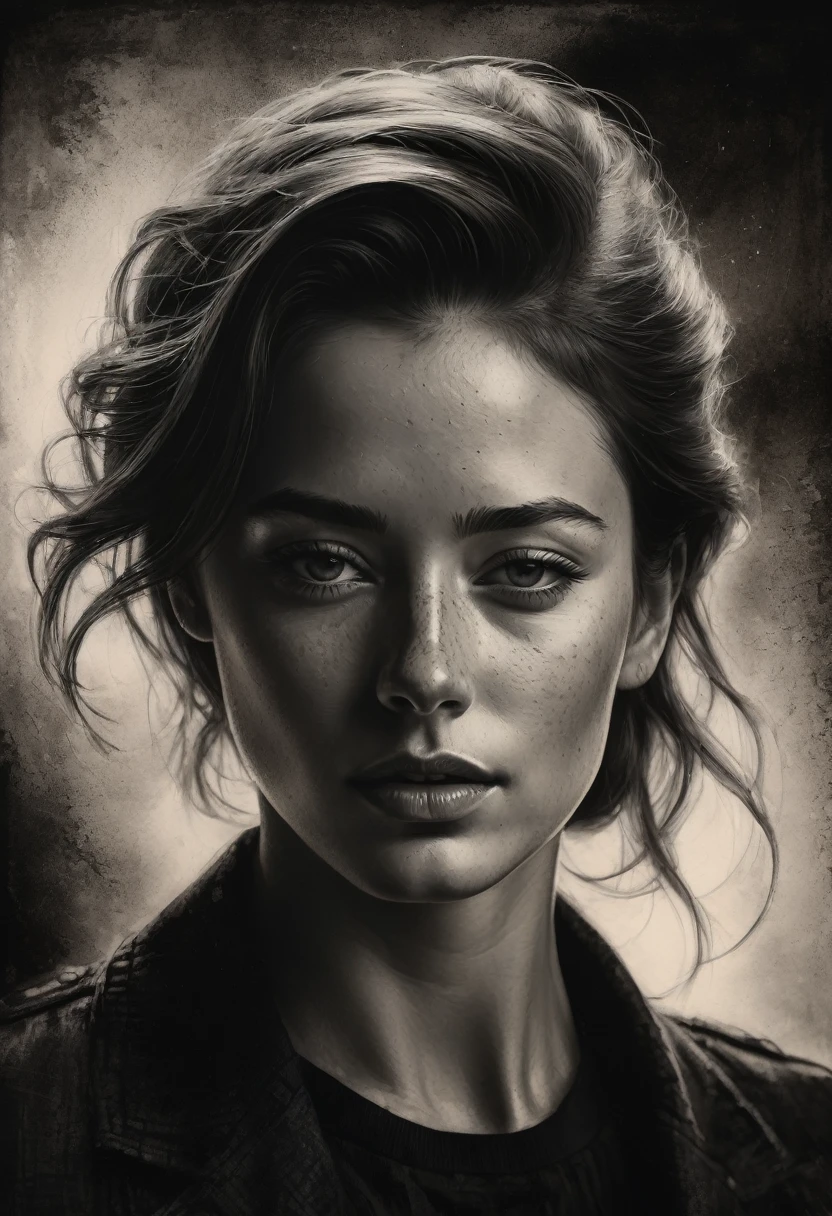 best qualityer, hyper realistic, ultra detali,realistic sketch:1.5,coal,portraite,paper texture,detailed facial features, freckles on the face, Shading and Highlights,dynamic composition,expressive traits,sharp contrast,highlights and shadows,black andwhite,Emotion and expression,Exquisite details,subtle textures,hand drawn,precise lines,fine arts,alto sharp contraste,dramatic lighting,qualified craftsmanship,aesthetic appeal,Polished finish,professionally executed