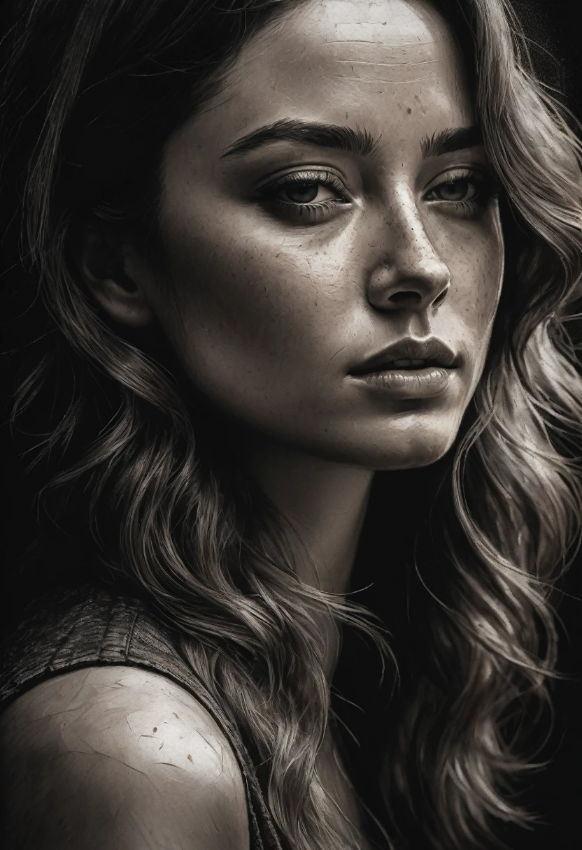 best qualityer, hyper realistic, ultra detali,realistic sketch:1.5,coal,portraite,paper texture,detailed facial features, freckles on the face, Shading and Highlights,dynamic composition,expressive traits,sharp contrast,highlights and shadows,black andwhite,Emotion and expression,Exquisite details,subtle textures,hand drawn,precise lines,fine arts,alto sharp contraste,dramatic lighting,qualified craftsmanship,aesthetic appeal,Polished finish,professionally executed