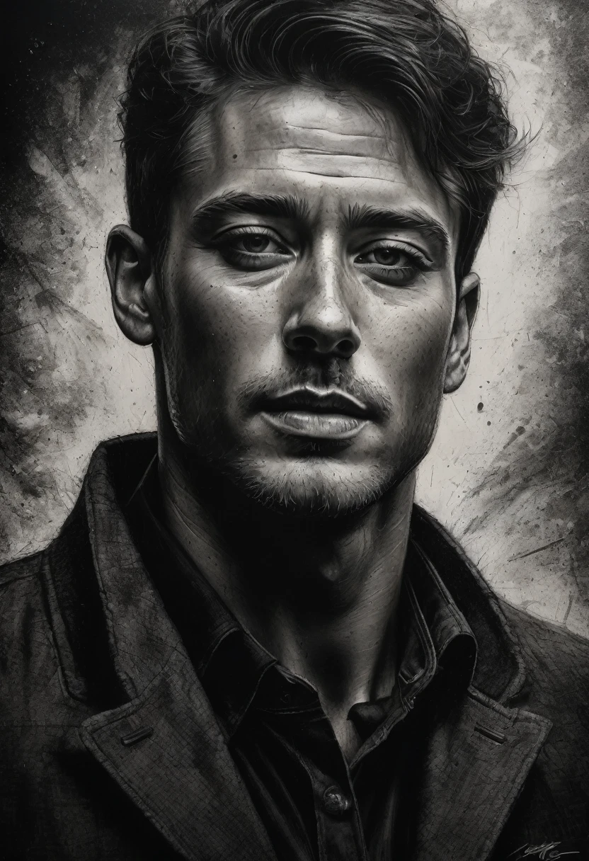 best qualityer, hyper realistic, ultra detali,realistic sketch:1.5,coal,portraite,paper texture,detailed facial features, freckles on the face, Shading and Highlights,dynamic composition,expressive traits,sharp contrast,highlights and shadows,black andwhite,Emotion and expression,Exquisite details,subtle textures,hand drawn,precise lines,fine arts,alto sharp contraste,dramatic lighting,qualified craftsmanship,aesthetic appeal,Polished finish,professionally executed