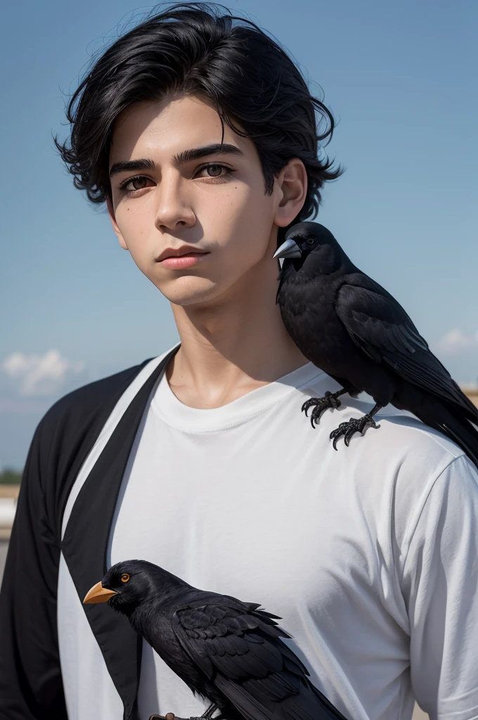 Create for me an image that has a crow, a symbol of communism, an image of communism, wars and a white Brazilian boy with a thin nose, 1,80 m branco
