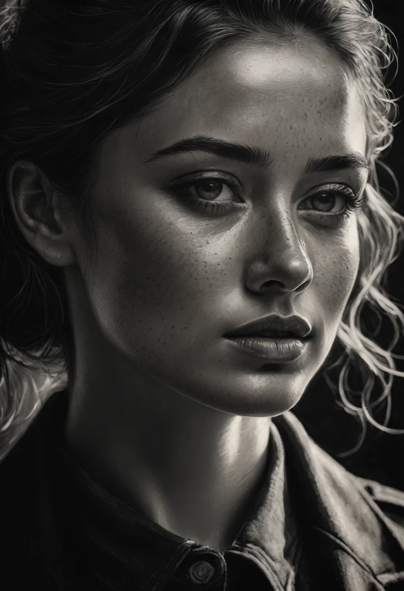 best qualityer, hyper realistic, ultra detali,realistic sketch:1.5,coal,portraite,paper texture,detailed facial features, freckles on the face, Shading and Highlights,dynamic composition,expressive traits,sharp contrast,highlights and shadows,black andwhite,Emotion and expression,Exquisite details,subtle textures,hand drawn,precise lines,fine arts,alto sharp contraste,dramatic lighting,qualified craftsmanship,aesthetic appeal,Polished finish,professionally executed