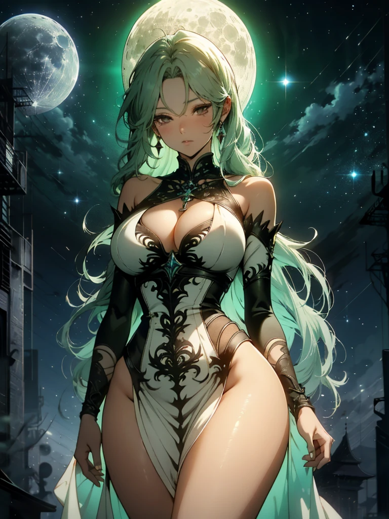 Beautiful anime goddess with long green hair, wearing a short dress, breasts, anime key look, moon, large breasts, intricate, hips, highly detailed, wide hips, breathtaking beauty, vibrant and sharp focus, illustration