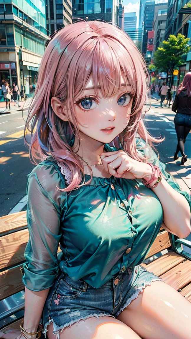 (Masterpiece, BestQuality:1.3), (ultra detailed:1.2), (hyperrealistic:1.3), (RAW photo:1.2), High detail RAW color photo, professional photograph, (Photorealistic:1.4), (realistic:1.4), (Pink Hair:1.5), professional lighting, perfect anatomy, (Big Breasts:1.2), (blush, detailed face), (A happy smile:1.7), sexly, erotic sexly, Random sexy gravure poses, (Green cardigan and checked skirt、And the girl with the glasses、Smiling on a college campus。:1.3)