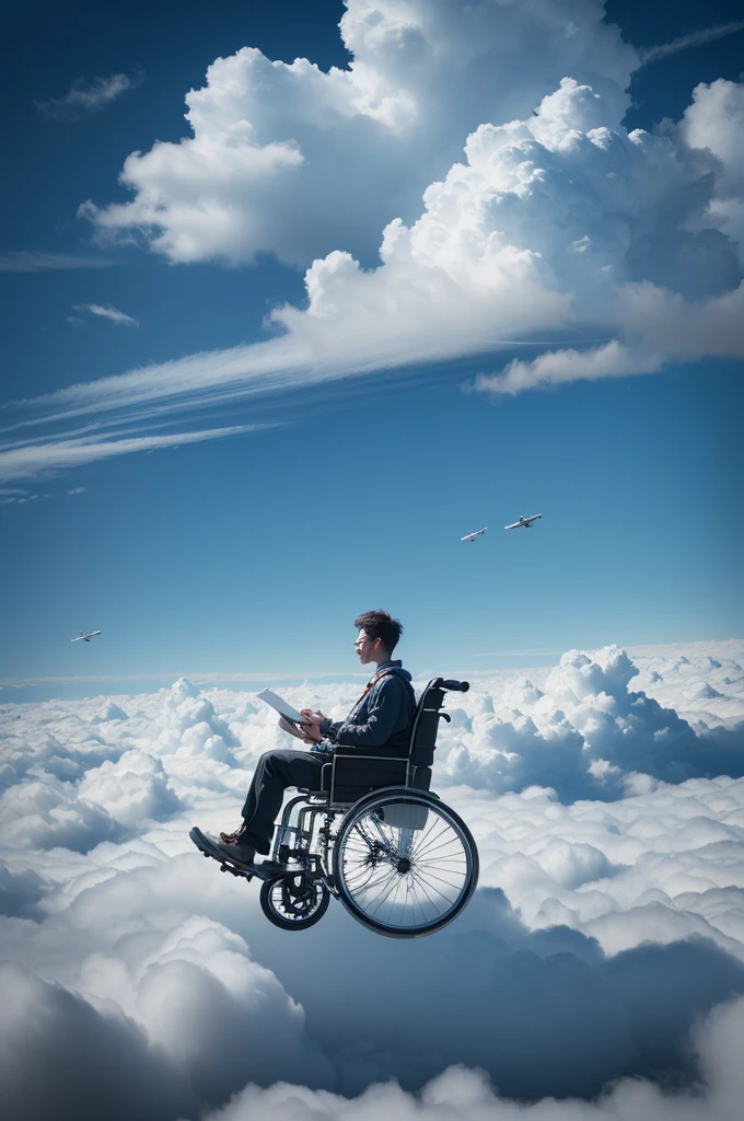 Man in wheelchairs flying among the clouds ((8k image quality, high definition image, realisitic, 真实感, ultra detaild, hyper details, bright look, mystical illumination))