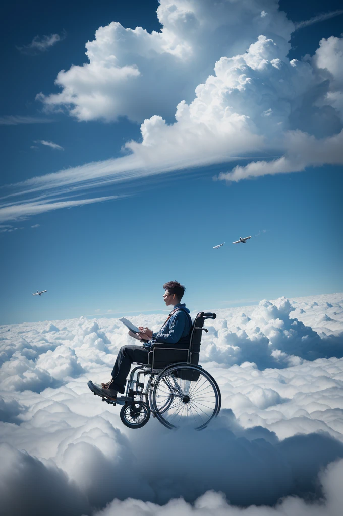 Man in wheelchairs flying among the clouds ((8k image quality, high definition image, realisitic,  真实感, ultra detaild, hyper details, bright look, mystical illumination))
