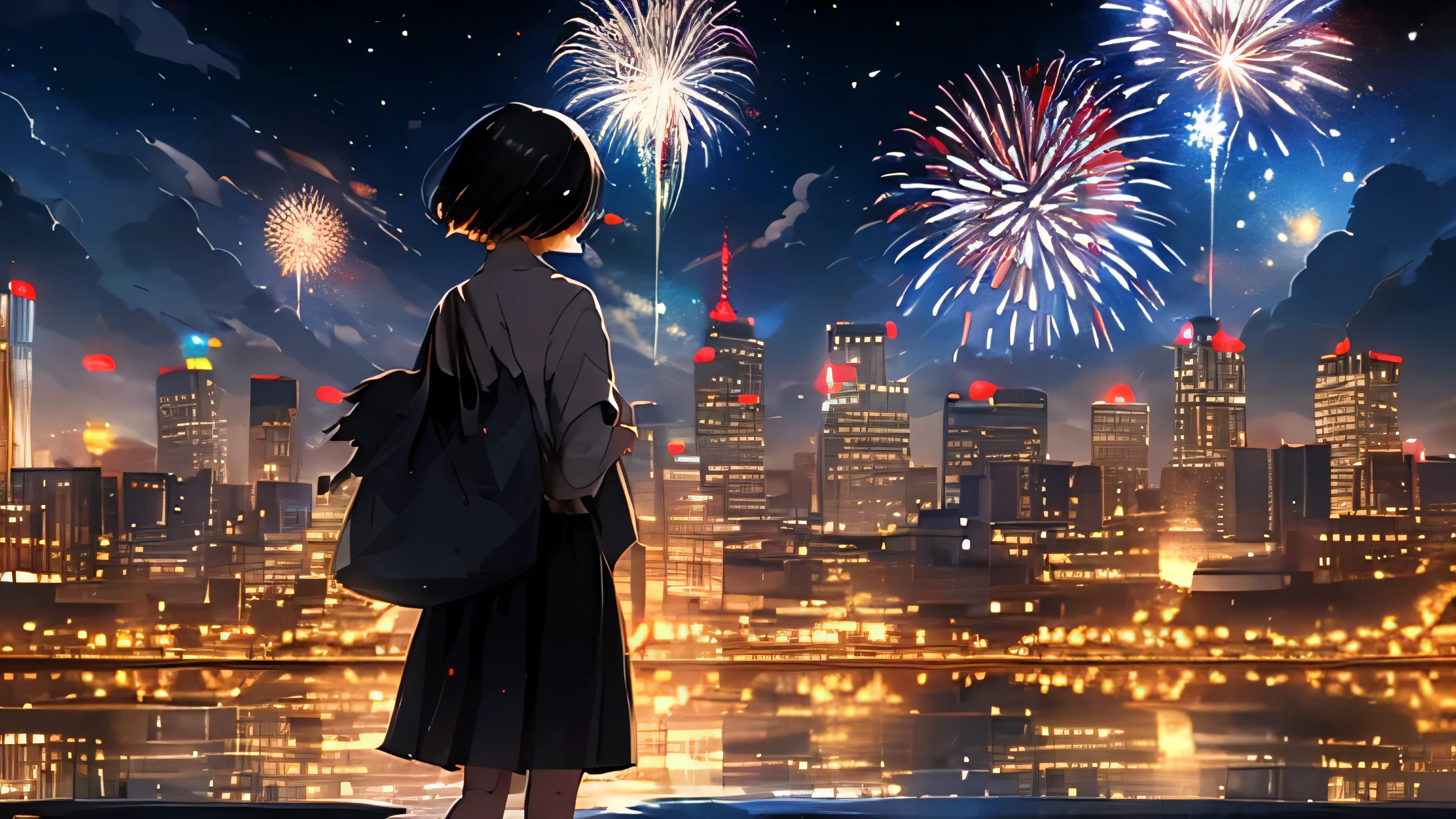 One girl, firework, scenery, null, alone, night, Outdoor, city lights, city, cloud, cityscape, bag, Turn your back, building, Holding, skirt, night null, Are standing, short hair, From behind, aerial firework, Black Hair, nullline, , reflection, cloudy null (figure:1.0), masterpiece, Highest quality,