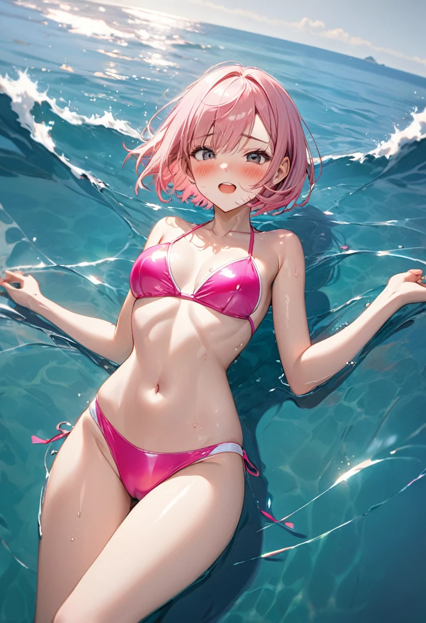 ((Bright pop-colored swimsuits, lying on the water and floating, Mediterranean Sea)), , skinny, solo, 1 woman, Masterpiece, highest quality, highest quality, 16K, incredibly absurd, highly detailed, 2.5D, delicate and dynamic, very delicate facial expressions, delicate eye depiction, erotic, only sexy woman, healthy figure, 25-year-old woman, bride, 160cm tall, medium firm swaying bust, (short hair), (pink hair:1.5), bob cut, black eye, blush, Sweat,Embarrassed,sexy, ((thin thighs)), (visible nipples:0.8), (camel toe:0.6), ((shiny and lustrous)), facing straight at viewer, Navel, tan skin,dutch angle