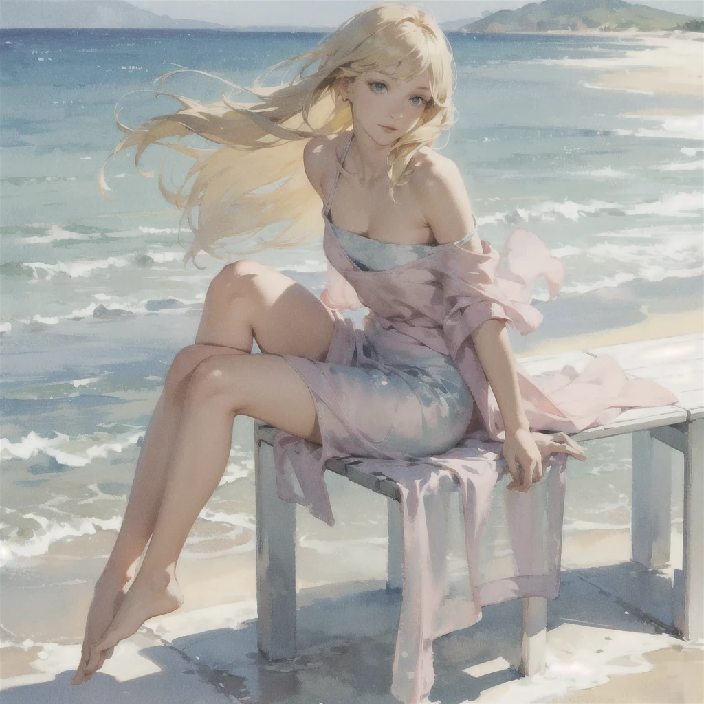 Tranquil voyager girl, in watercolor style, Photorealism, discreet pink and mint shades, barefoot, blonde hair, nudity