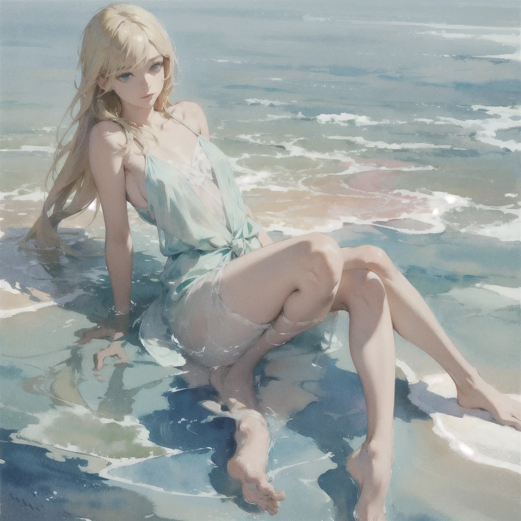 Tranquil voyager girl, in watercolor style, Photorealism, discreet pink and mint shades, barefoot, blonde hair, (very beautiful exquisite face)