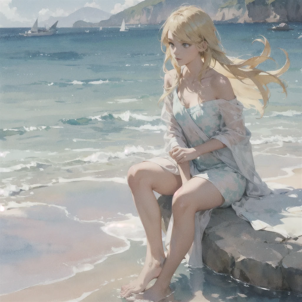 Tranquil voyager girl, in watercolor style, Photorealism, discreet pink and mint shades, barefoot, blonde hair, (very beautiful exquisite face), (beautiful breasts)