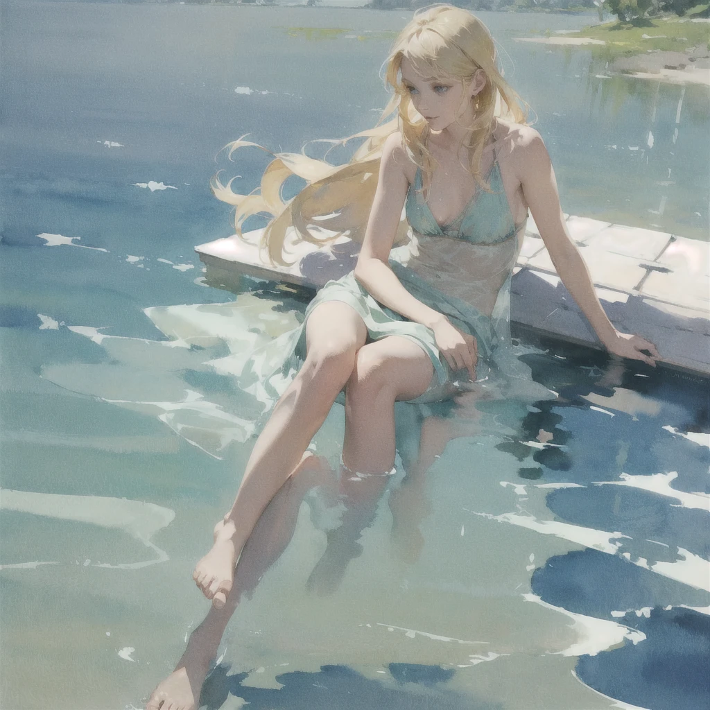 Tranquil voyager girl, in watercolor style, Photorealism, discreet pink and mint shades, barefoot, blonde hair, (very beautiful exquisite face)