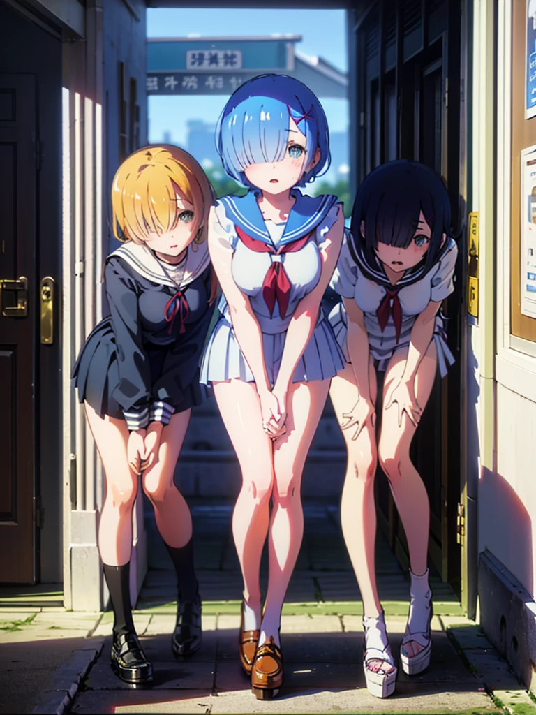 best quality, anime screencap, 3girls, bedroom, standing, looking at viewer, large breasts, long hair, short hair, nude, nipples, from above, nsfw