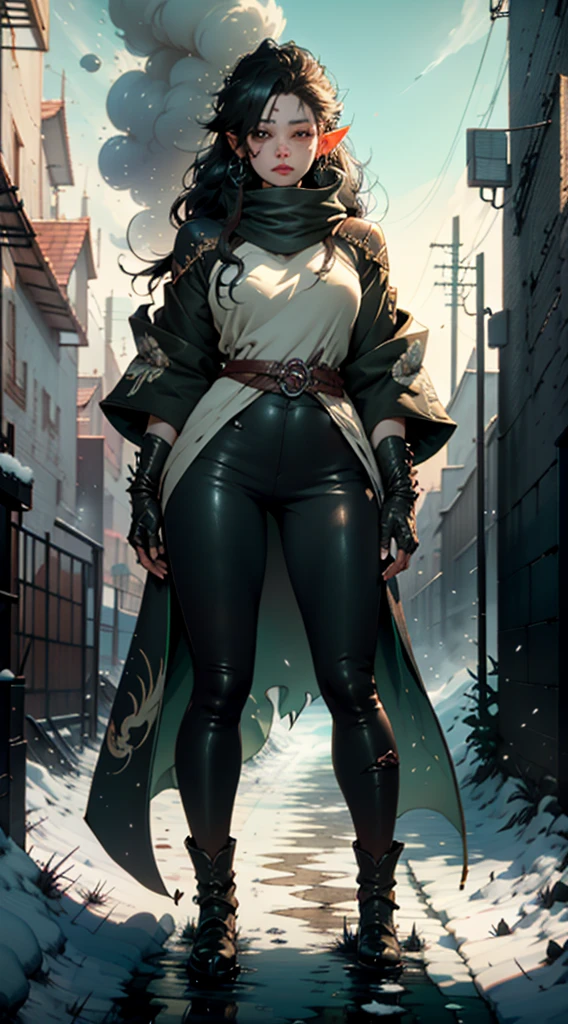 a woman in a black coat and green pants standing in the snow, Detailed anime character art, astri lohne, by Yang J., black fur wizard, A very beautiful Berserker woman, genshin impact keqing, de arknights, Exquisite and epic character art., trend on artstation pixiv, Winter concept art, awesome character art, female anime character, green skin tone, elongated ears like elf.