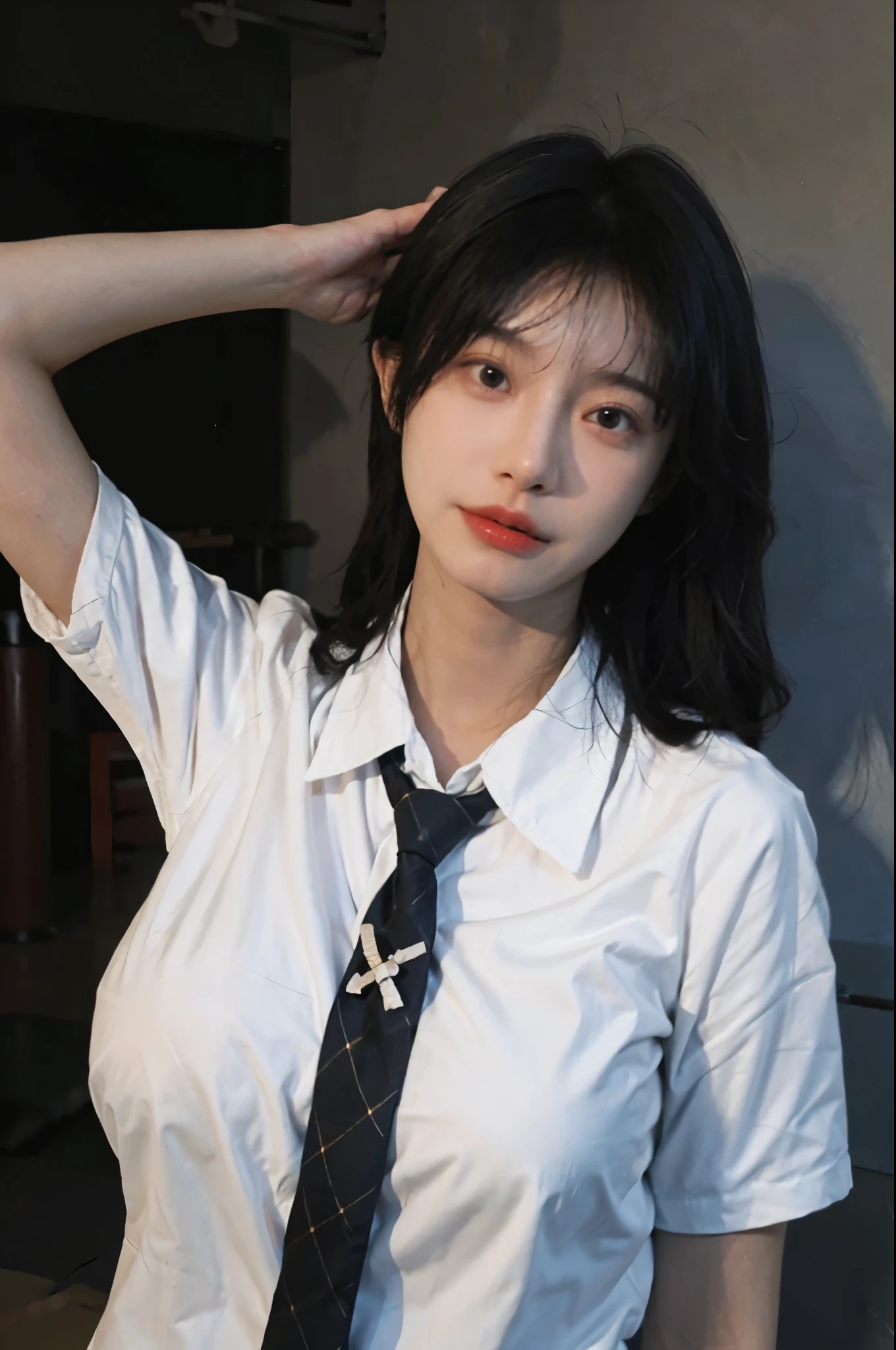 Best quality,masterpiece,ultra high res,(photorealistic:1.4),1girl,sexy,(shirt and tie:1.2),(large breast:1.3),(upper body:1.4)
