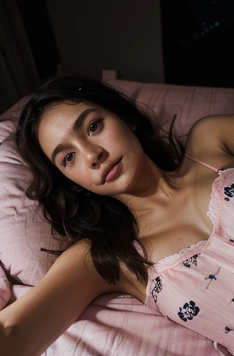 (selfie), girl lying in bed, (darkness), (nighttime), pink cotton pjs, lying down, belly, no face