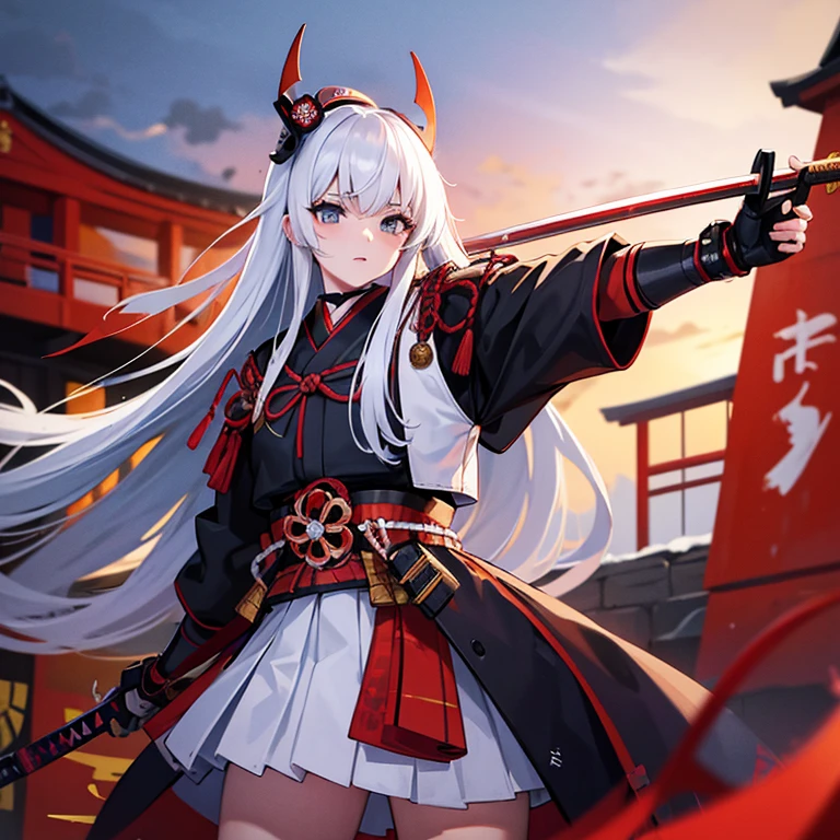 Girl 20-25 years old , against the backdrop of 13th century Japan,dressed in the uniform of a masked samurai, girl with kataka,katana in puke, The girl is wearing a Japanese samurai helmet, White hair