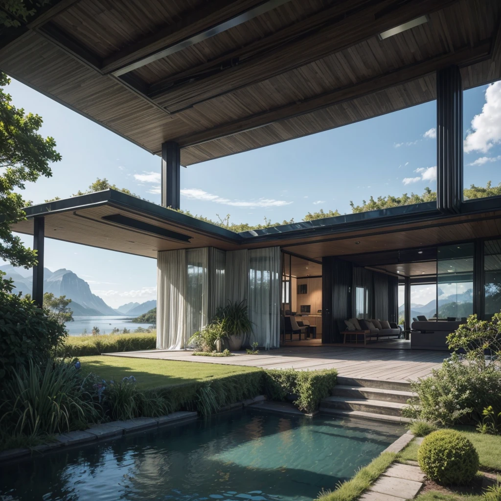 Create an ultra-realistic image of a breathtaking, futuristic, self-sustaining house inspired by the epic scenes from the Halo series. The house should be nestled in a serene landscape on an alien planet, surrounded by lush, bioluminescent vegetation and towering, otherworldly trees. The architecture of the house should be sleek and modern, with smooth, curved lines and large, transparent walls made of advanced materials that blend seamlessly with the natural environment.

The house should feature solar panels and wind turbines integrated into the design, showcasing its self-sustaining capabilities. A rooftop garden with a variety of exotic plants should add a touch of nature to the futuristic structure. In the background, multiple moons of different sizes and colors should be visible in the sky, casting a soft, ethereal glow over the landscape.

Include a shimmering lake with crystal-clear water reflecting the alien sky, and distant mountains with cascading waterfalls. The atmosphere should be calm and peaceful, with a sense of advanced technology harmoniously coexisting with the pristine natural beauty of the planet.

Incorporate small details like robotic assistants tending to the garden, and a sleek, hovering vehicle parked nearby. The overall scene should evoke a sense of wonder and tranquility, highlighting the possibilities of sustainable living in a futuristic world.