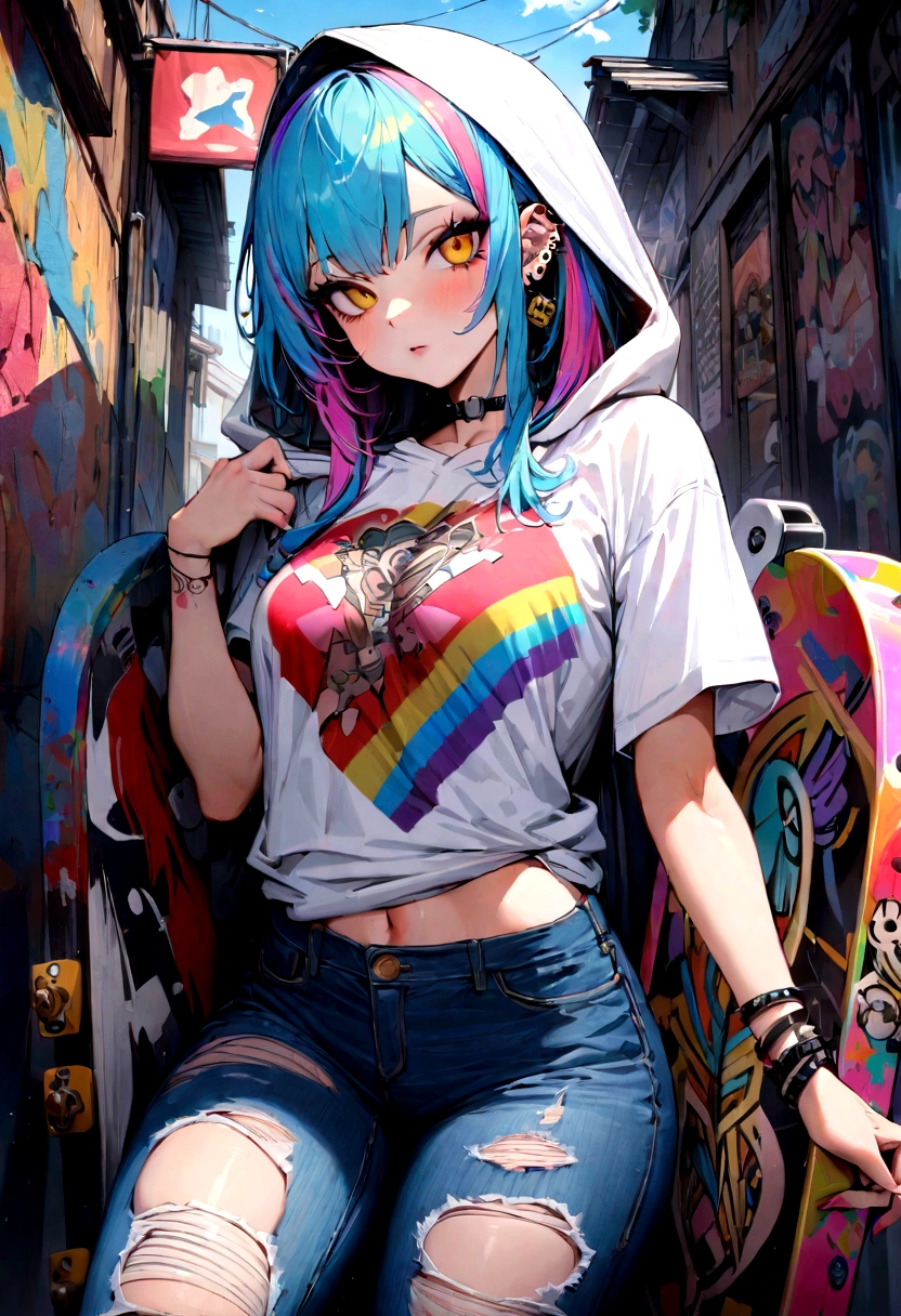 The most beautiful and sexy skateboard girl, rainbow colored hair, yellow eyes, wearing hoodie, graphic t-shirt, torn skinny jeans and highly detailed skateboard gear, tons of tattoos and piercings, highly detailed background, perfect masterpiece, high quality, high resolution