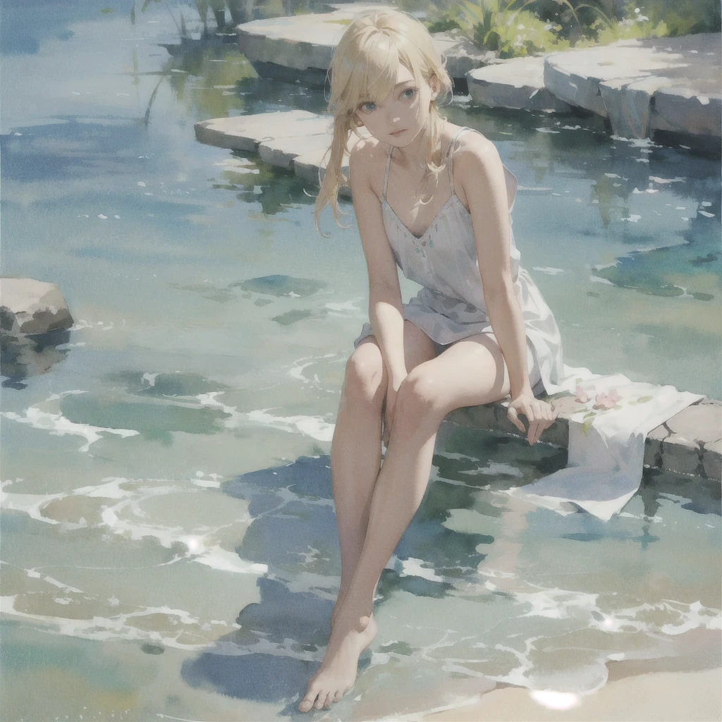 Tranquil voyager girl, in watercolor style, Photorealism, discreet pink and mint shades, barefoot, blonde hair, very beautiful exquisite face