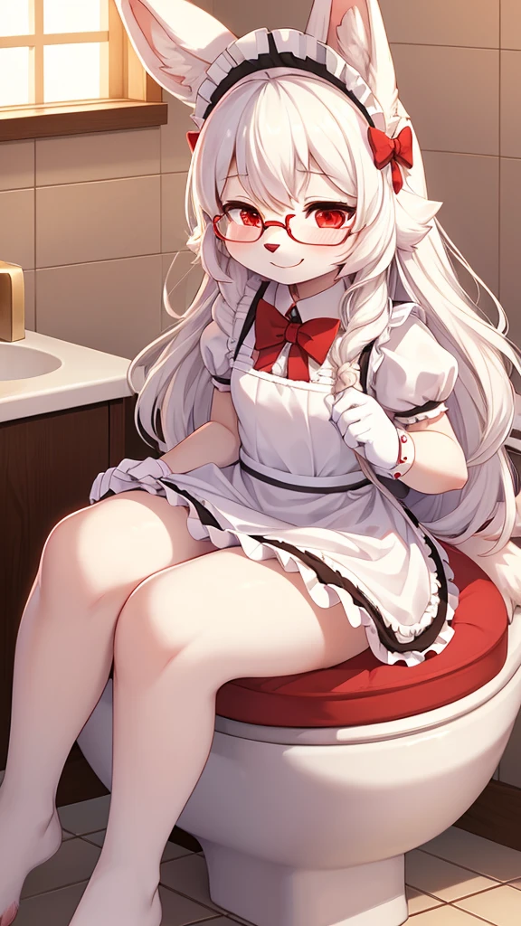 best quality,Optimal resolution,(Fluffy anthropomorphic furry :1.6),(young :1.6),White Rabbit Girl,Small Breasts,White hair,Long hair,curls,Curly hair,White rabbit ears,White rabbit tail,White fur,Red Eyes,Sparkling eyes,Shining eyes,Glasses,Bow,maid outfit,Maid headdress,Maid gloves,Beautiful cafe toilet,White light,Full flush,s face,Smile,heart shape eye,Heart shaped eyes,Horny eyes,Close your eyes,Heavy breathing,Sitting on the toilet，Sit-on toilet