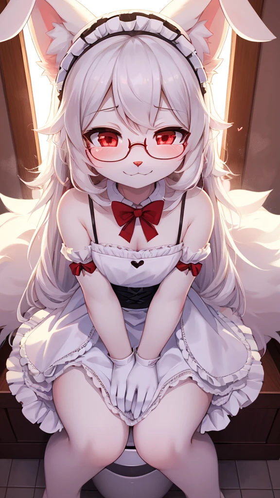 best quality,Optimal resolution,(Fluffy anthropomorphic furry :1.6),(young :1.6),White Rabbit Girl,Small Breasts,White hair,Long hair,curls,Curly hair,White rabbit ears,White rabbit tail,White fur,Red Eyes,Sparkling eyes,Shining eyes,Glasses,Bow,maid outfit,Maid headdress,Maid gloves,Beautiful cafe toilet,White light,Full flush,s face,Smile,heart shape eye,Heart shaped eyes,Horny eyes,Close your eyes,Heavy breathing,Sitting on the toilet,Sit-on toilet